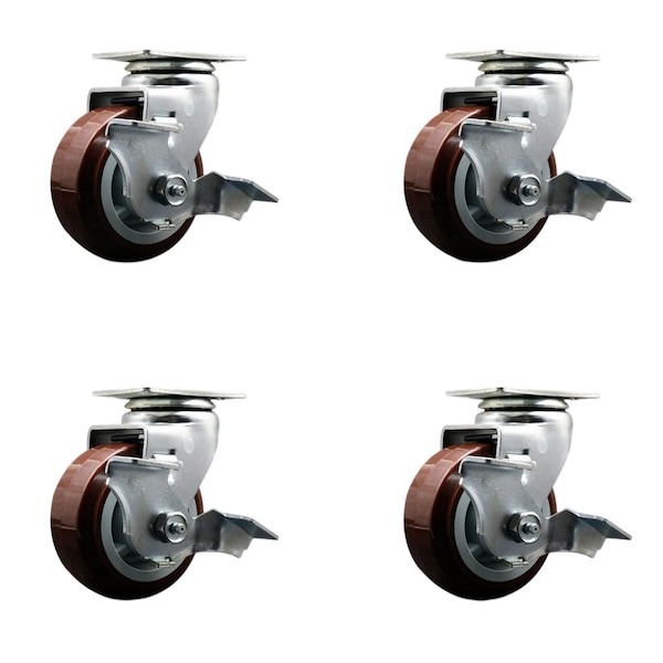 Tool Box Caster Wheel Set 4'' Maroon Polyurethane Swivel Casters, 4PK